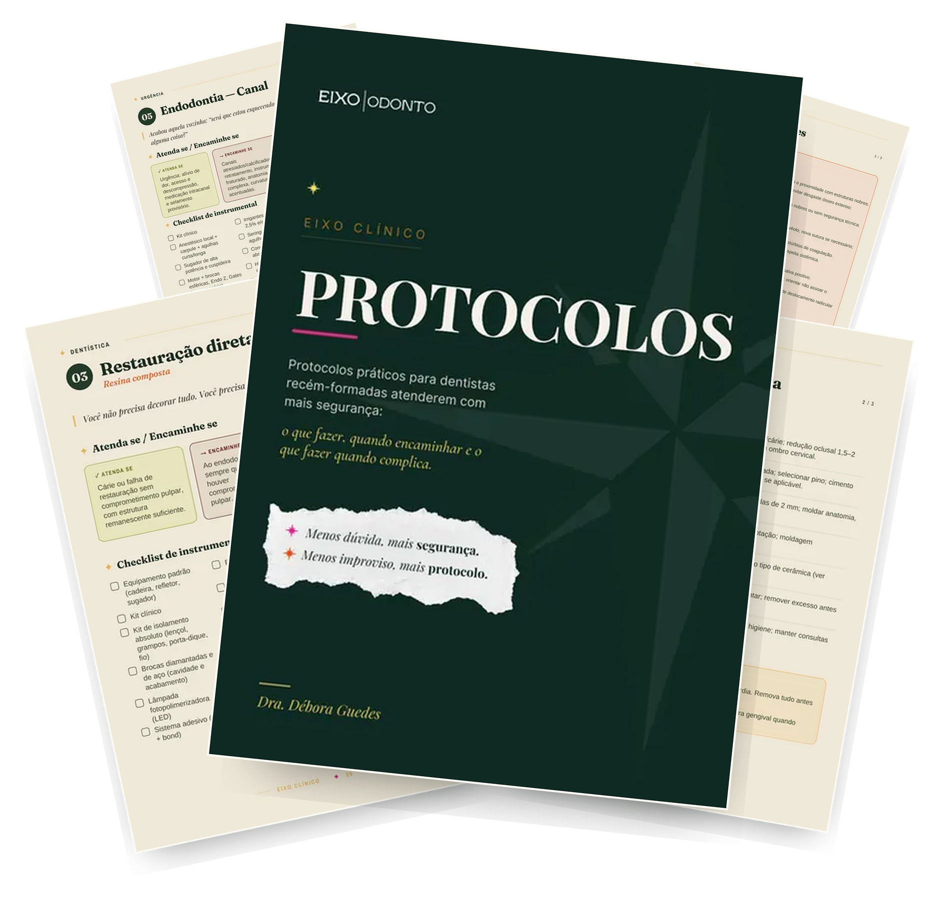 Páginas do Protocolo Eixo Clínico mostrando os materiais na bancada